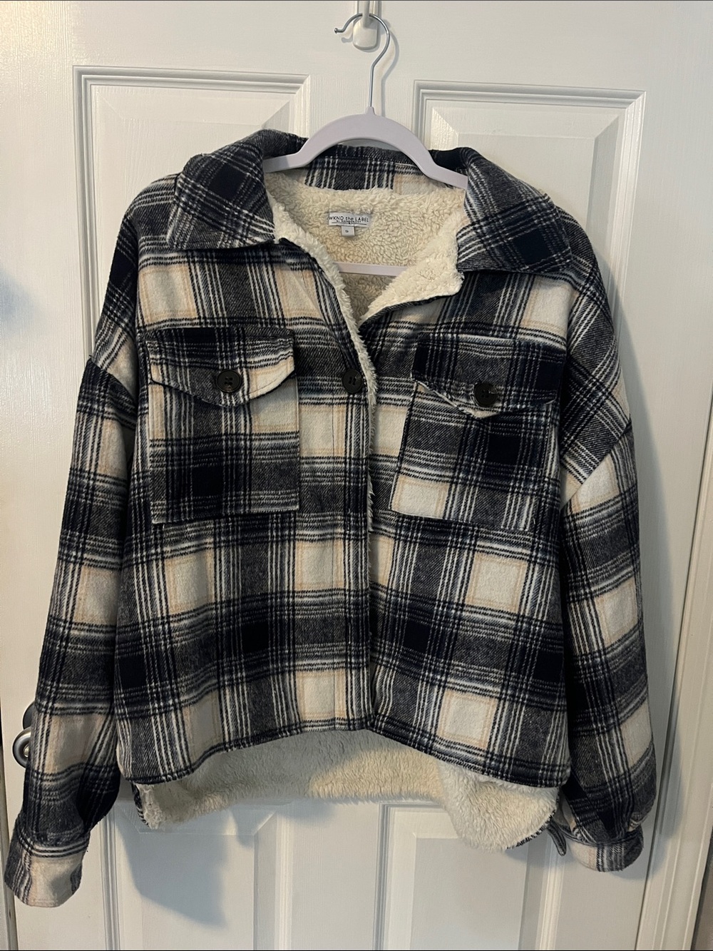 Wanderlust Navy and Cream Plaid Sherpa-Lined Jacket